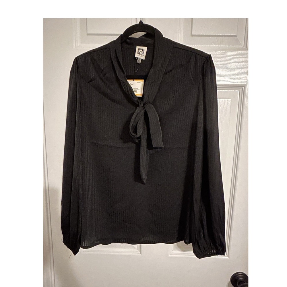 Anne Klein Black Woven Polyester Tie-Neck V-Neck Long Sleeve Blouse Size S